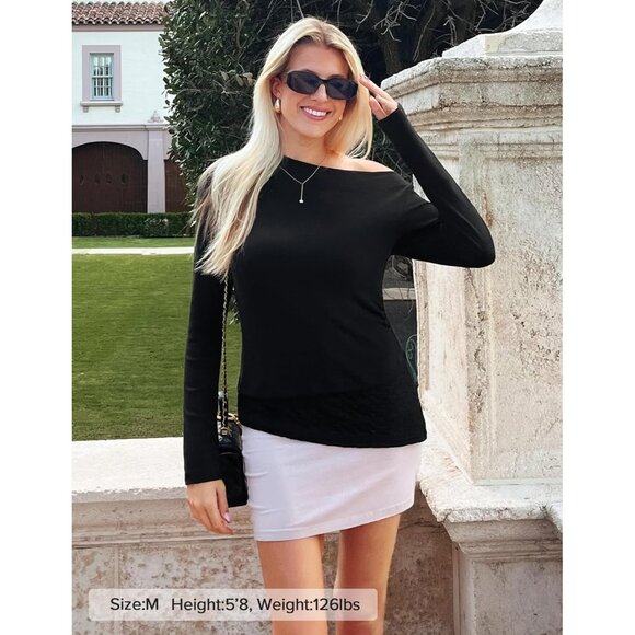 Women's Off Shoulder Black Long Sleeve Top Casual Lace Slim Fit Fall Y2K Blouse - Picture 5 of 6